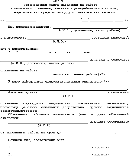 Акт о нахождении в состоянии алкогольного опьянения на рабочем месте образец