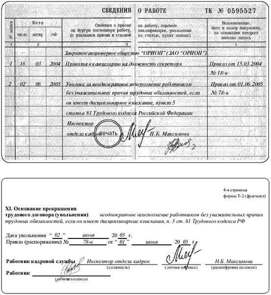 Ч 1 81. Запись в трудовой книжке об увольнении по статье 81 пункт 5. Запись в трудовой книжке при увольнении за пьянство. Увольнение за пьянство запись в трудовой. Запись в трудовую книжку об увольнении за пьянку.